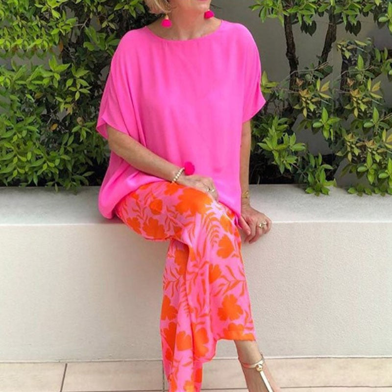 Elegant O-neck Short Sleeved Top With Print Long Pants Suit New Loose Homewear Outfit Summer Casual Streetwear
