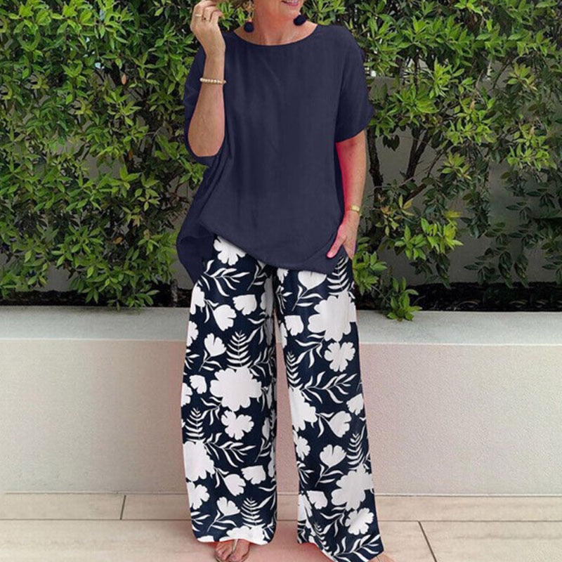 Elegant O-neck Short Sleeved Top With Print Long Pants Suit New Loose Homewear Outfit Summer Casual Streetwear 03 Blue
