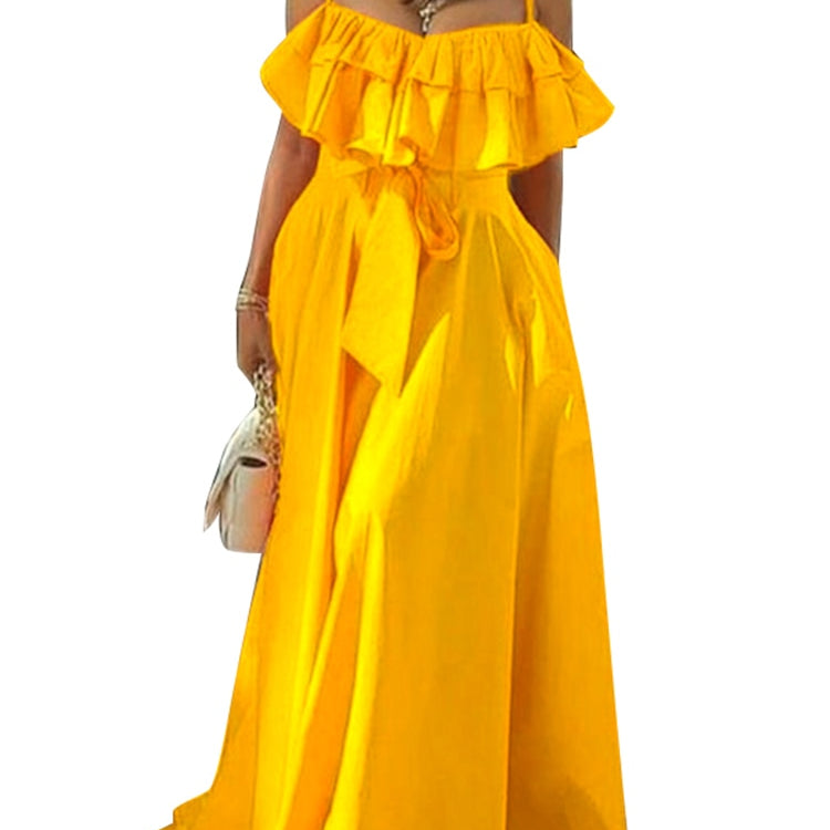 Elegant Office Dress Solid Ruffled Sexy Off Shoulder A-Line Dress Holiday Beach Robe Yellow