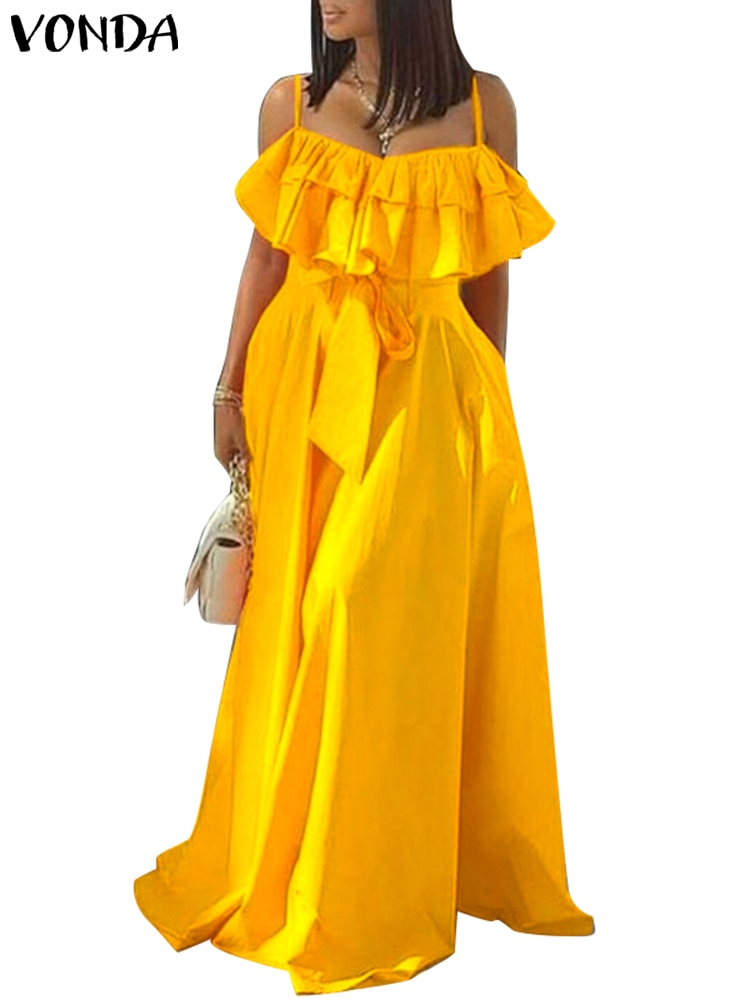 Elegant Office Dress Solid Ruffled Sexy Off Shoulder A-Line Dress Holiday Beach Robe Yellow