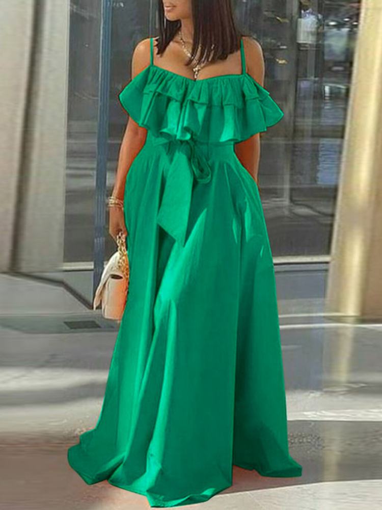Elegant Office Dress Solid Ruffled Sexy Off Shoulder A-Line Dress Holiday Beach Robe