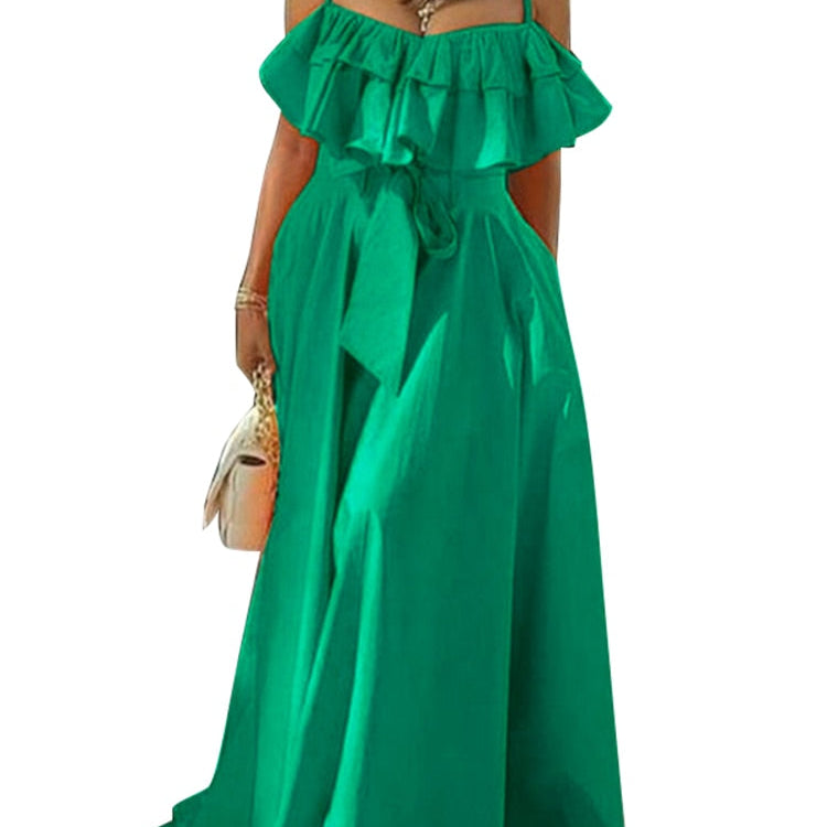 Elegant Office Dress Solid Ruffled Sexy Off Shoulder A-Line Dress Holiday Beach Robe AMAIO