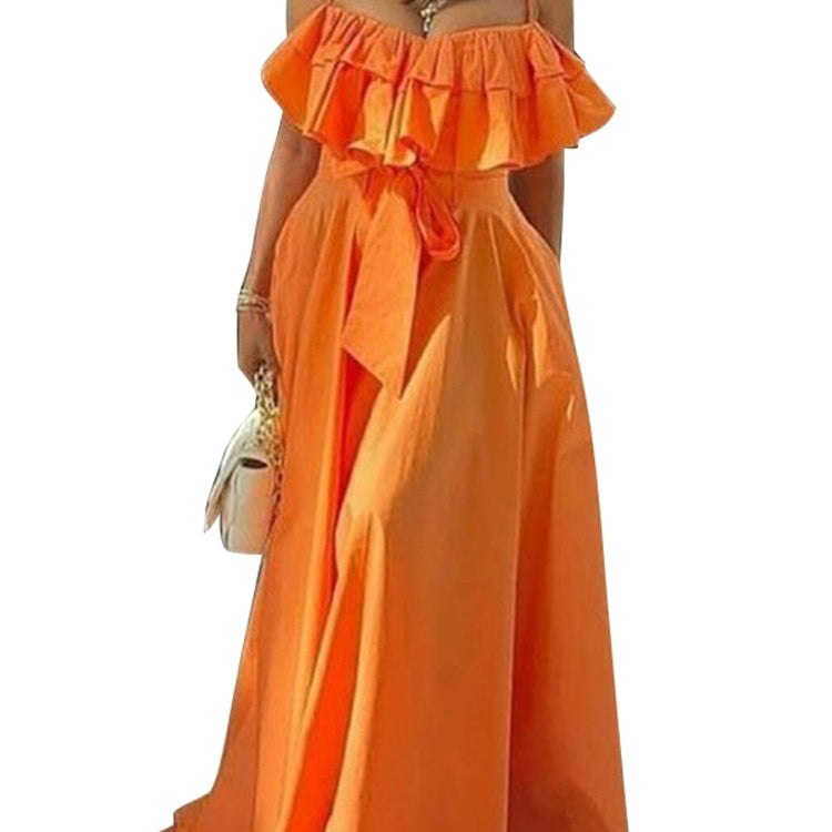 Elegant Office Dress Solid Ruffled Sexy Off Shoulder A-Line Dress Holiday Beach Robe Orange