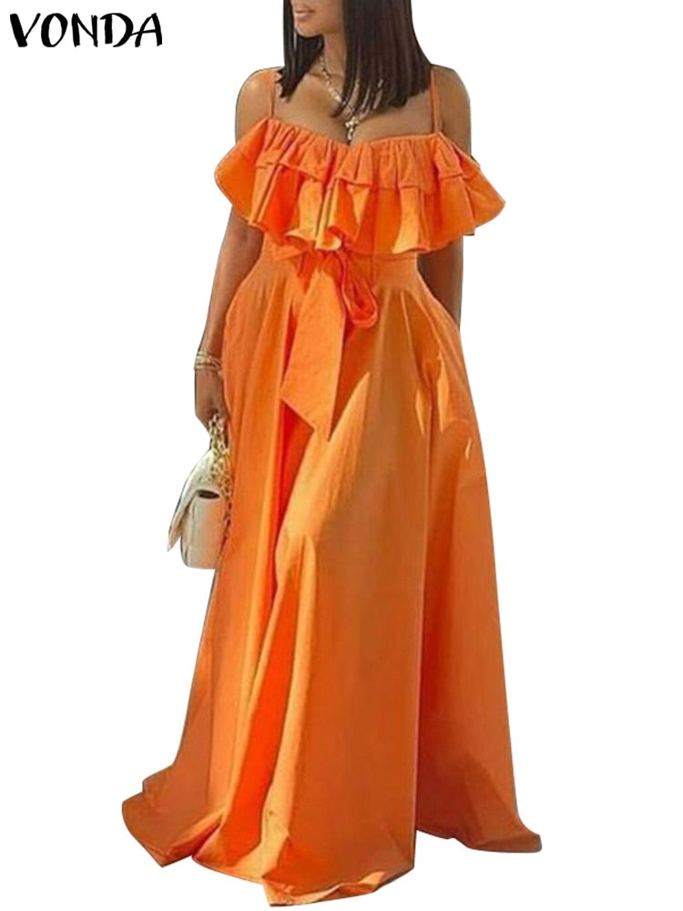 Elegant Office Dress Solid Ruffled Sexy Off Shoulder A-Line Dress Holiday Beach Robe Orange