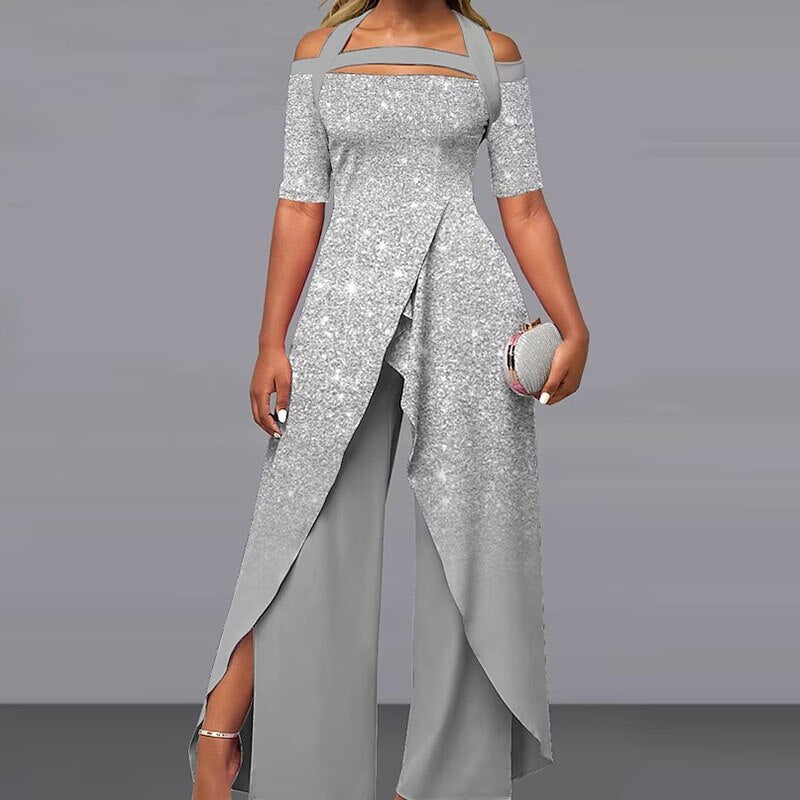 Elegant Pattern Print Short Sleeve Long Jumpsuit Women Chic Backless Lace-up Irregular Overall 2024 Fashion Female Split Romper 04 Silvery