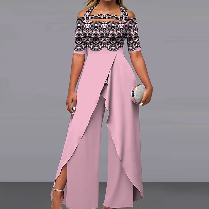 Elegant Pattern Print Short Sleeve Long Jumpsuit Women Chic Backless Lace-up Irregular Overall 2024 Fashion Female Split Romper 01 Pink Red