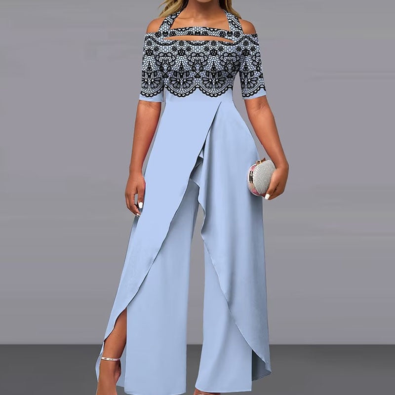 Elegant Pattern Print Short Sleeve Long Jumpsuit Women Chic Backless Lace-up Irregular Overall 2024 Fashion Female Split Romper 02 Sky Blue