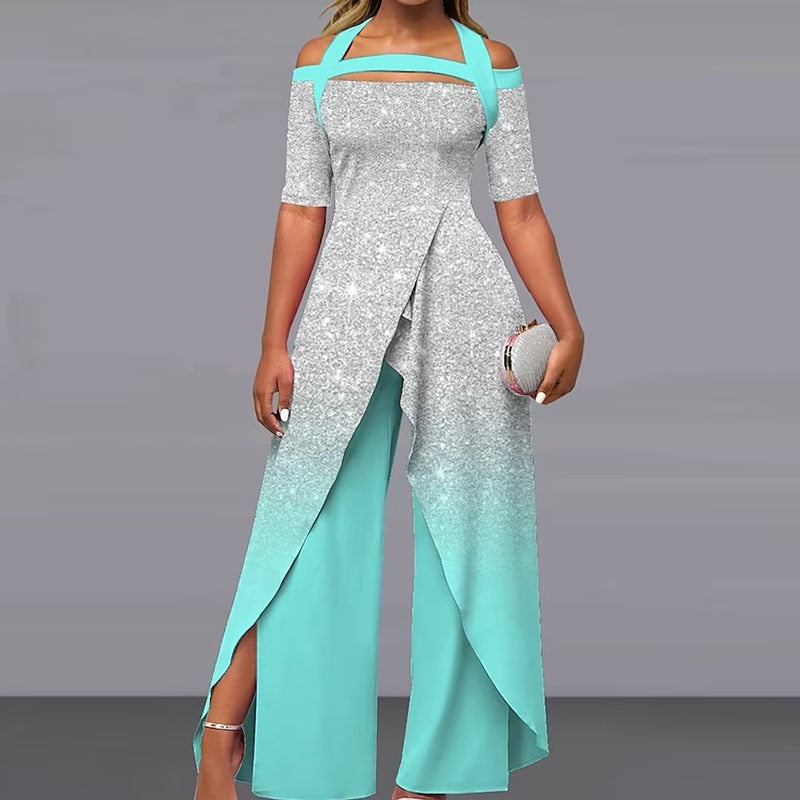 Elegant Pattern Print Short Sleeve Long Jumpsuit Women Chic Backless Lace-up Irregular Overall 2024 Fashion Female Split Romper 08 Emerald