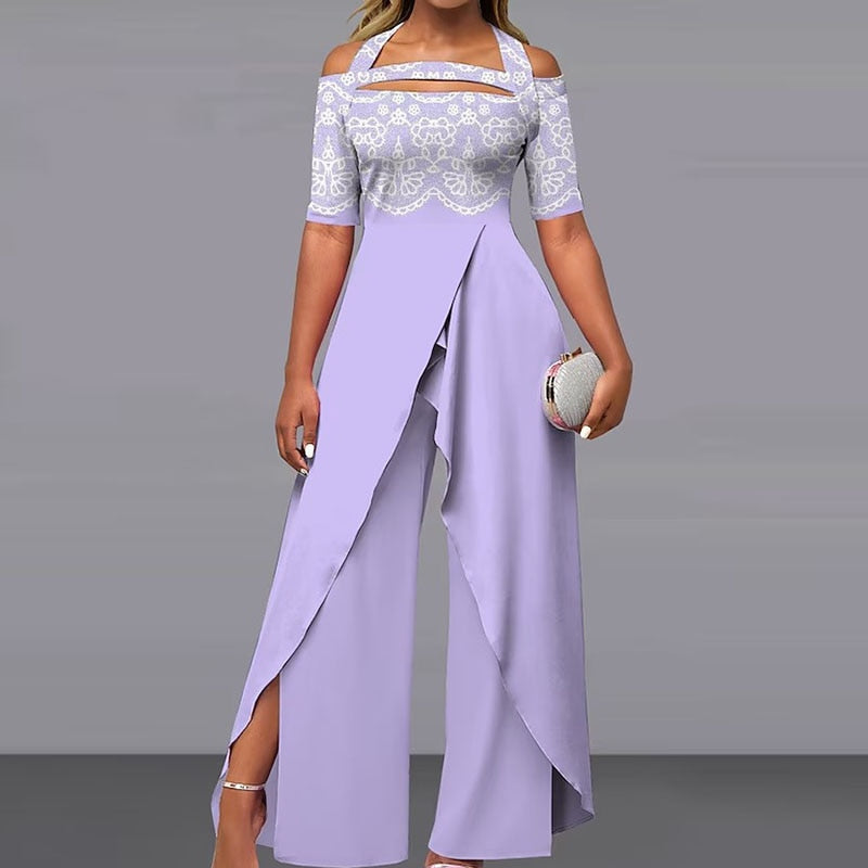 Elegant Pattern Print Short Sleeve Long Jumpsuit Women Chic Backless Lace-up Irregular Overall 2024 Fashion Female Split Romper