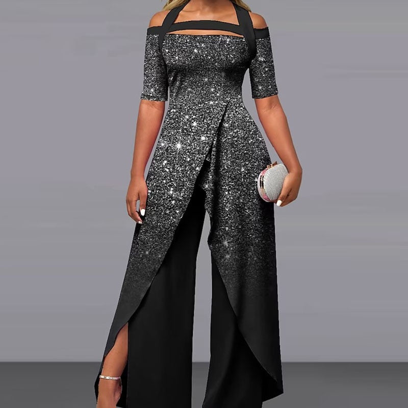 Elegant Pattern Print Short Sleeve Long Jumpsuit Women Chic Backless Lace-up Irregular Overall 2024 Fashion Female Split Romper 09 Black