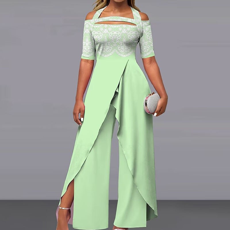 Elegant Pattern Print Short Sleeve Long Jumpsuit Women Chic Backless Lace-up Irregular Overall 2024 Fashion Female Split Romper 06 Light Green