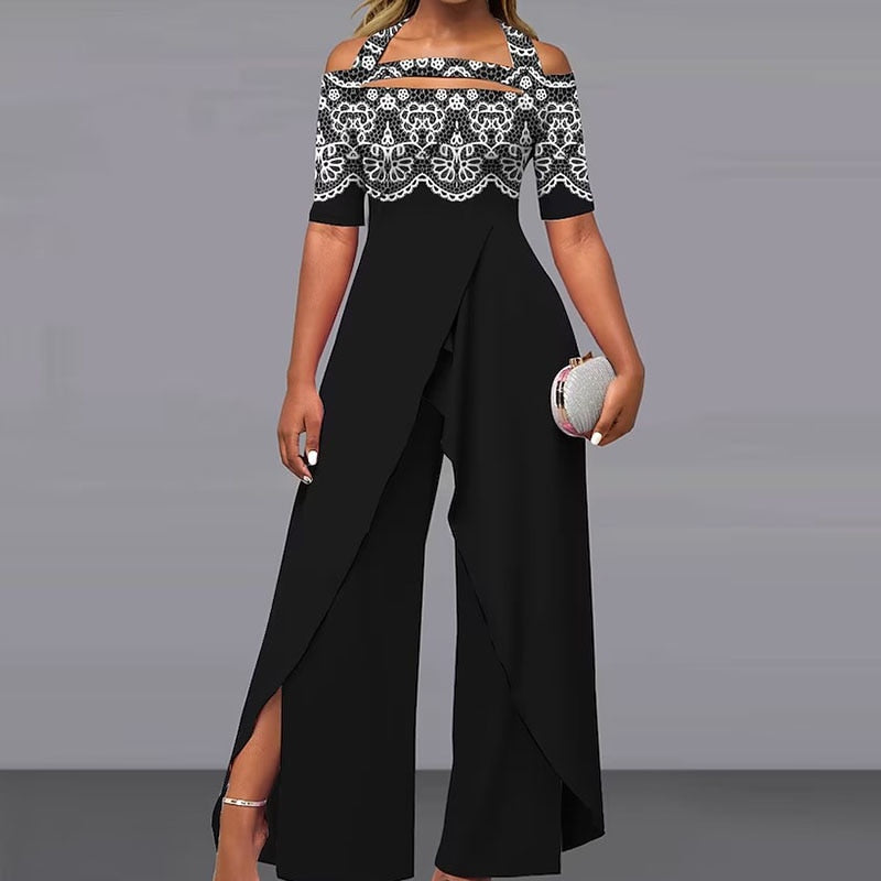 Elegant Pattern Print Short Sleeve Long Jumpsuit Women Chic Backless Lace-up Irregular Overall 2024 Fashion Female Split Romper 03 Black 01 Pink Red