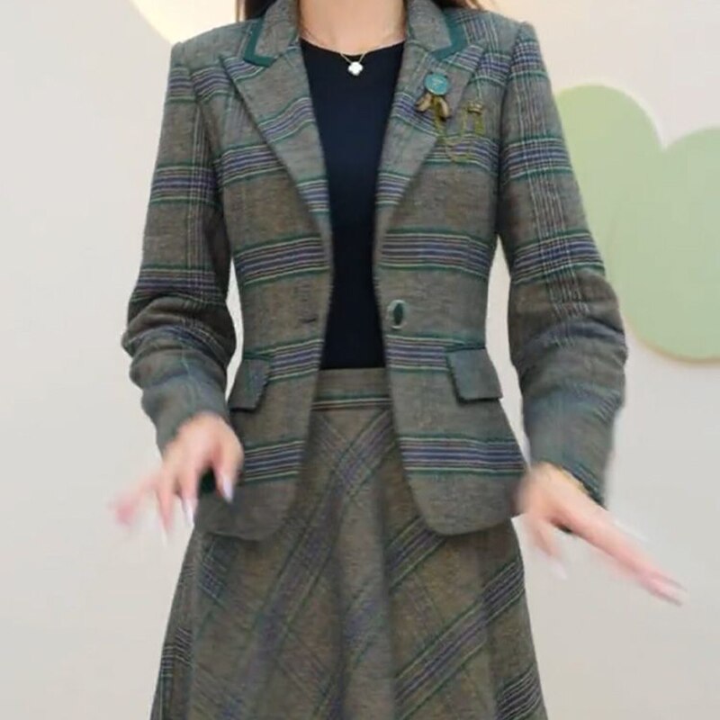 Elegant Plaid Skirts 2 Piece Set Slim Blazer Tops + A-line Vintage Skirt Korean Casual Tracksuit Spring Fall New Women Ensembles