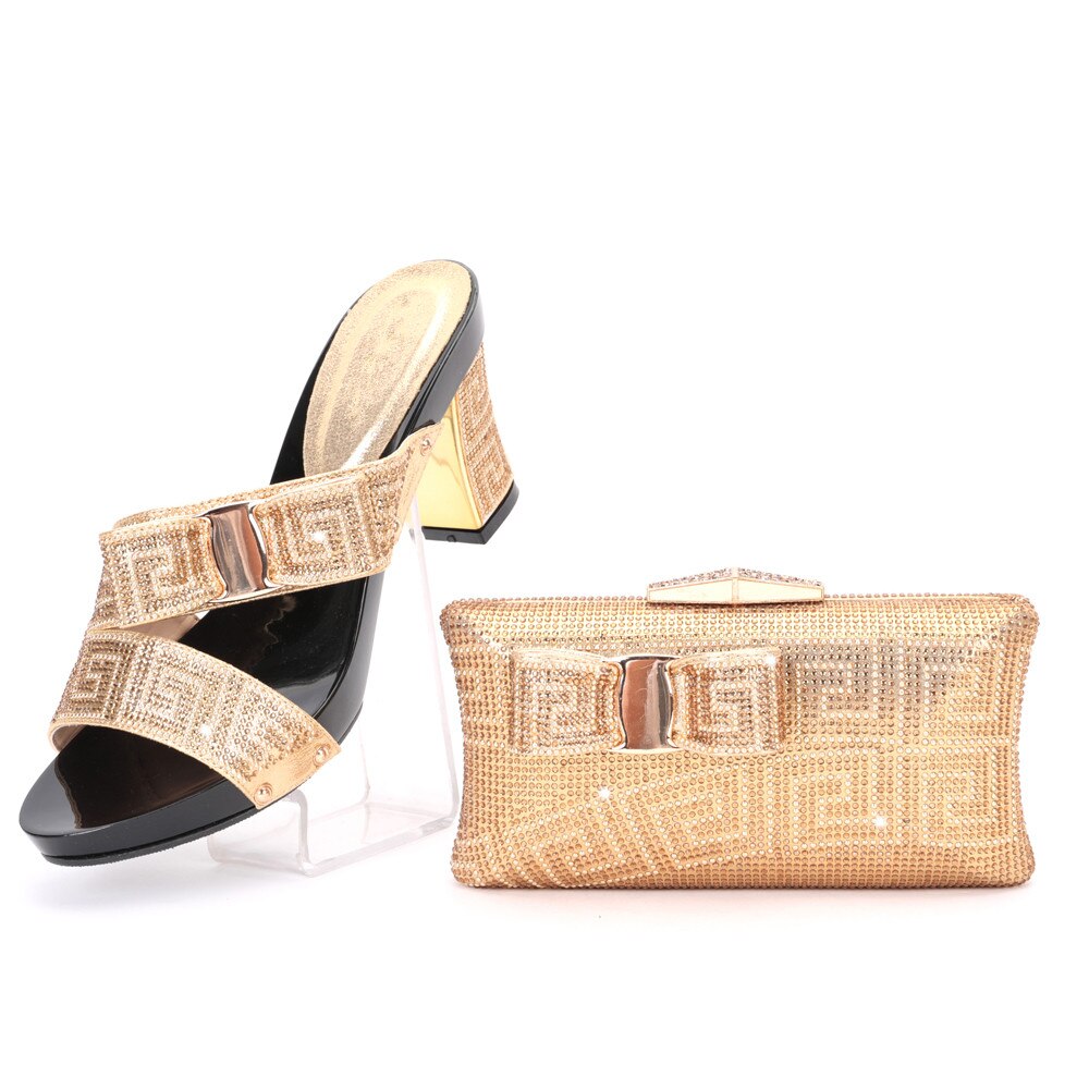 Elegant Rhinestone Slipper Woman Shoes And Purse Set Italian Style Square Heels Shoes And Bag Set For Party Gold