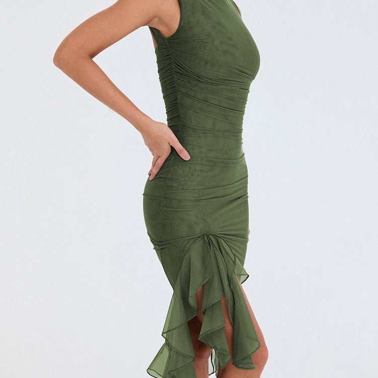 Elegant Ruffle Ruched Midi Dress For Women Robe Summer New Backless Sleeveless Irregular Club Party Sexy Dress Vestido