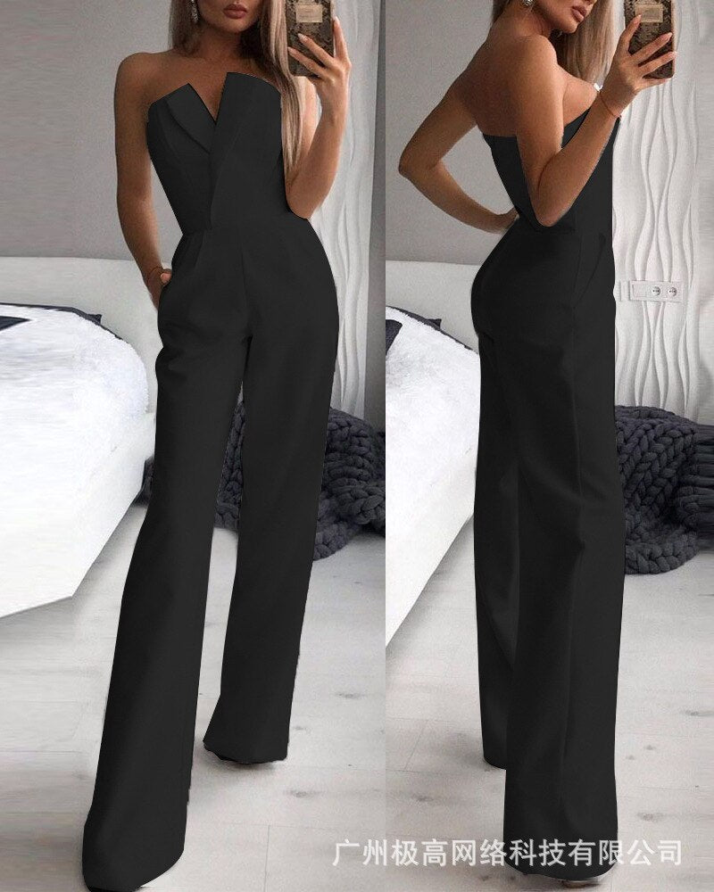 Elegant Slim Office Lady Black Strapless Jumpsuits for women 2022 Summer New Sexy Sleeveless White Red Wide leg Jumpsuits