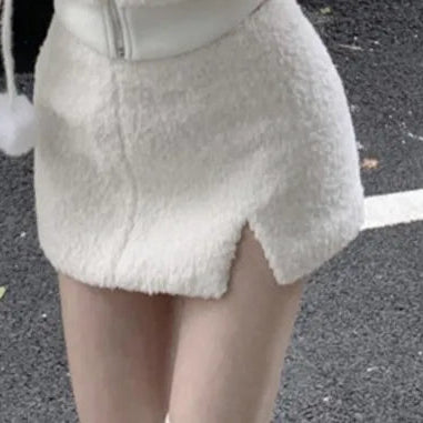 Elegant Solid Two-piece Skirt Sets Women Zipper Hoodies Jacket + Split Mini Skirt Autumn Winter Sexy Korean Style Outfits New Beige Skirt One Size