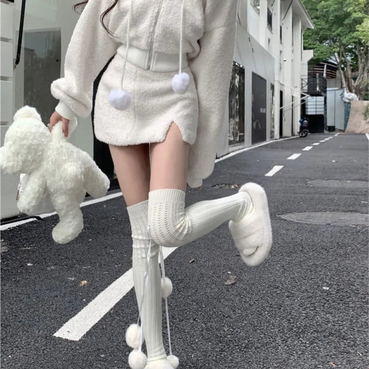 Elegant Solid Two-piece Skirt Sets Women Zipper Hoodies Jacket + Split Mini Skirt Autumn Winter Sexy Korean Style Outfits New