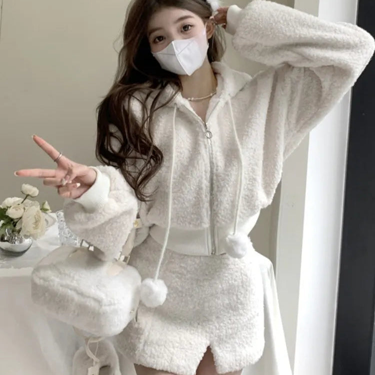 Elegant Solid Two-piece Skirt Sets Women Zipper Hoodies Jacket + Split Mini Skirt Autumn Winter Sexy Korean Style Outfits New