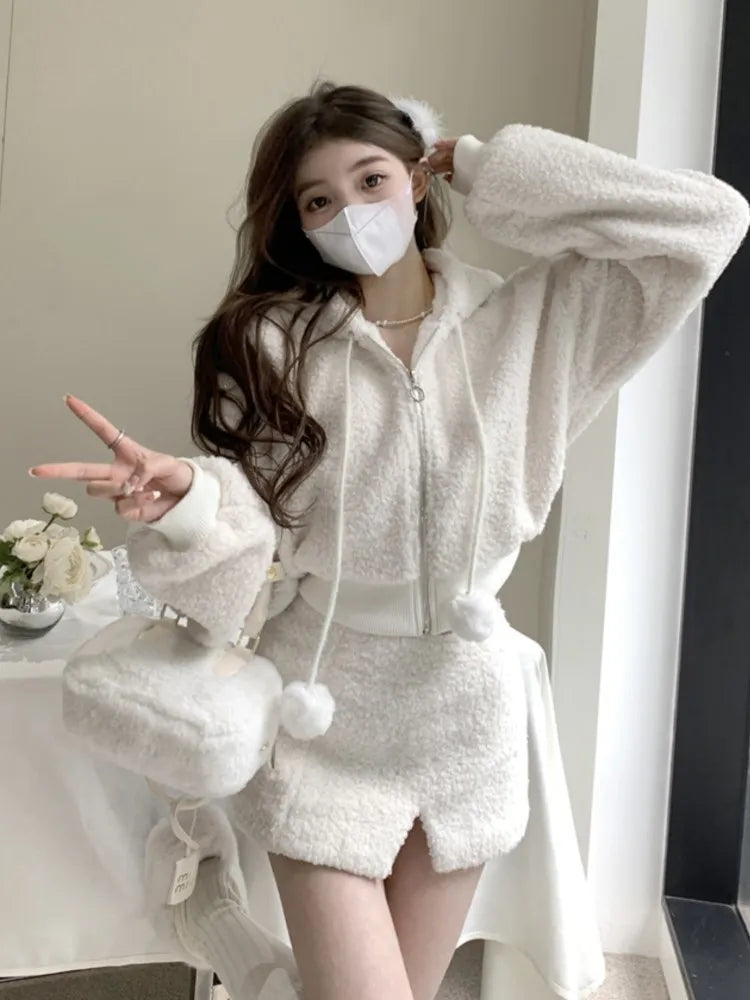 Elegant Solid Two-piece Skirt Sets Women Zipper Hoodies Jacket + Split Mini Skirt Autumn Winter Sexy Korean Style Outfits New