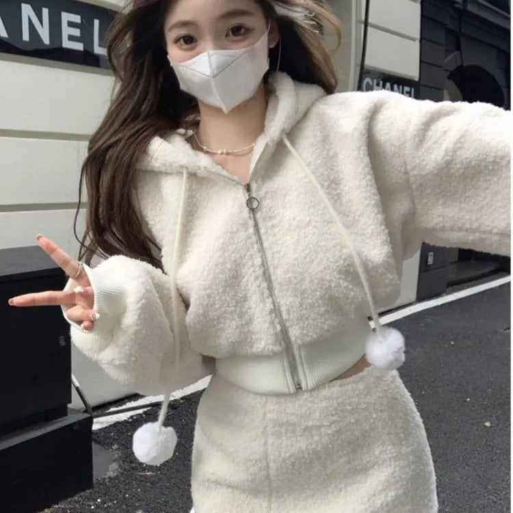 Elegant Solid Two-piece Skirt Sets Women Zipper Hoodies Jacket + Split Mini Skirt Autumn Winter Sexy Korean Style Outfits New