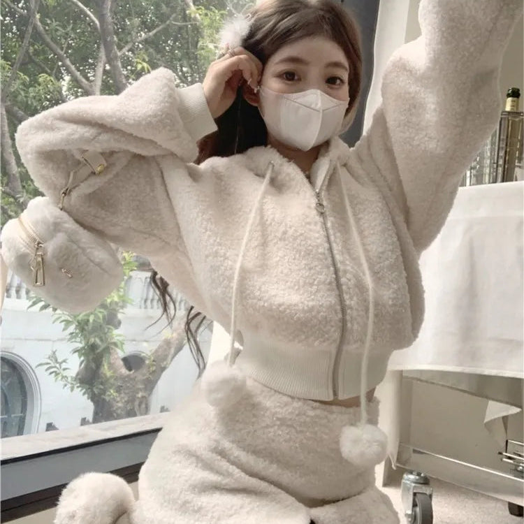 Elegant Solid Two-piece Skirt Sets Women Zipper Hoodies Jacket + Split Mini Skirt Autumn Winter Sexy Korean Style Outfits New