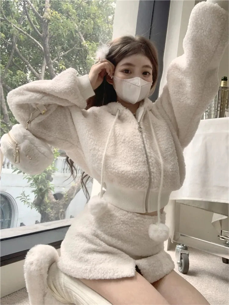 Elegant Solid Two-piece Skirt Sets Women Zipper Hoodies Jacket + Split Mini Skirt Autumn Winter Sexy Korean Style Outfits New