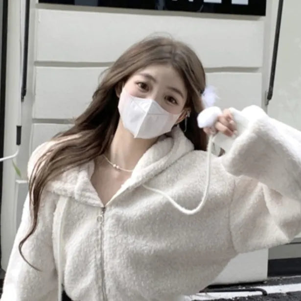 Elegant Solid Two-piece Skirt Sets Women Zipper Hoodies Jacket + Split Mini Skirt Autumn Winter Sexy Korean Style Outfits New Beige Top One Size