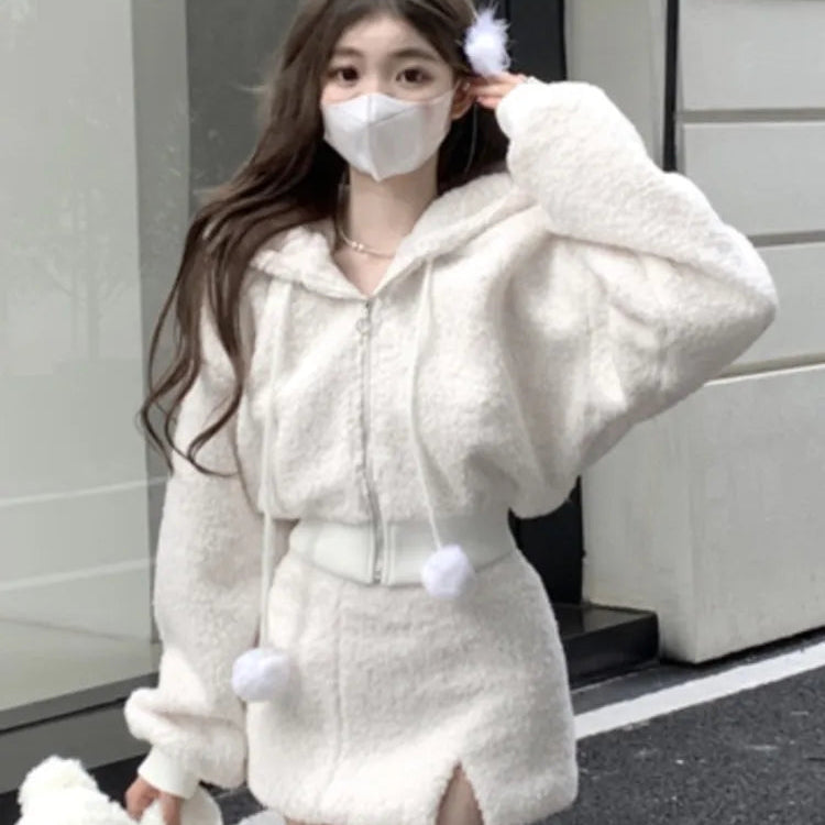 Elegant Solid Two-piece Skirt Sets Women Zipper Hoodies Jacket + Split Mini Skirt Autumn Winter Sexy Korean Style Outfits New