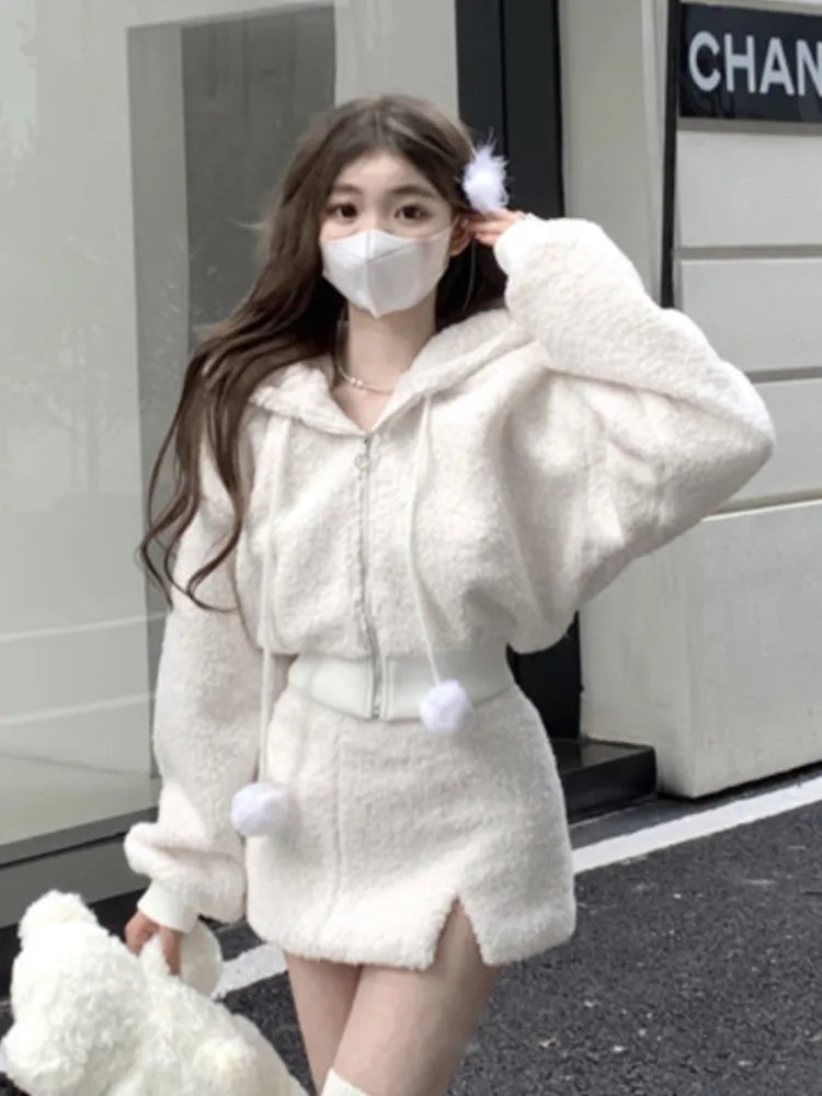 Elegant Solid Two-piece Skirt Sets Women Zipper Hoodies Jacket + Split Mini Skirt Autumn Winter Sexy Korean Style Outfits New