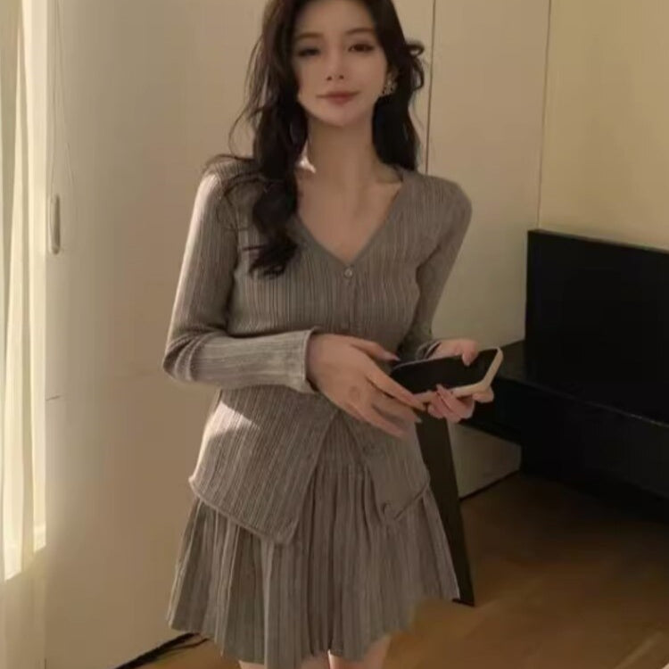 Elegant Two-piece Solid Skirt Sets Women V-neck Long Sleeves Knitted Cardigan + Mini Pleated Skirt Autumn Y2K Korean Chic Suit
