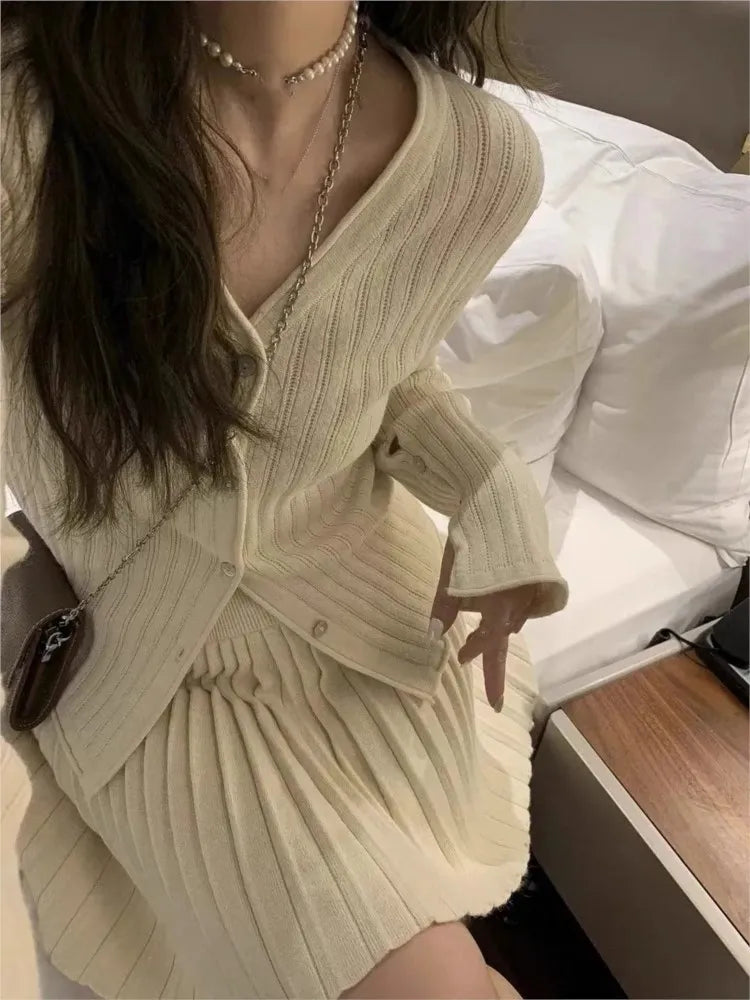 Elegant Two-piece Solid Skirt Sets Women V-neck Long Sleeves Knitted Cardigan + Mini Pleated Skirt Autumn Y2K Korean Chic Suit