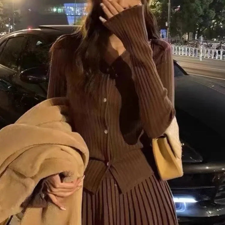 Elegant Two-piece Solid Skirt Sets Women V-neck Long Sleeves Knitted Cardigan + Mini Pleated Skirt Autumn Y2K Korean Chic Suit