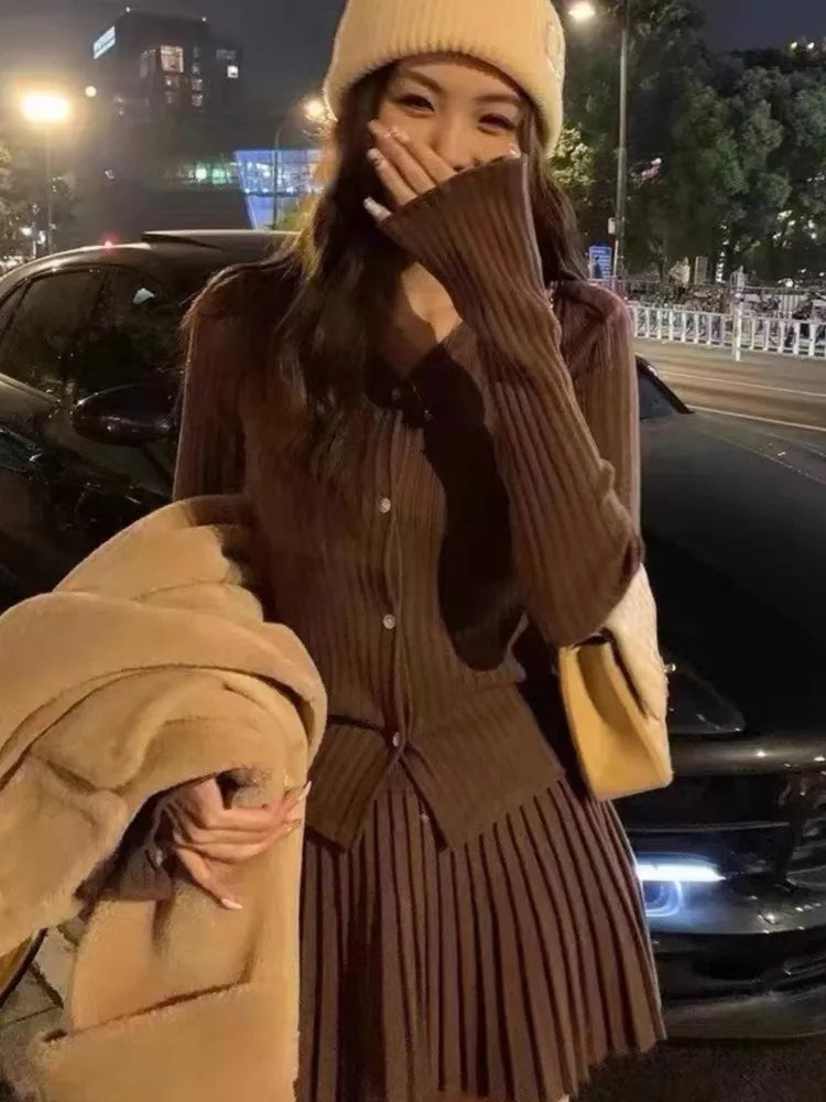 Elegant Two-piece Solid Skirt Sets Women V-neck Long Sleeves Knitted Cardigan + Mini Pleated Skirt Autumn Y2K Korean Chic Suit