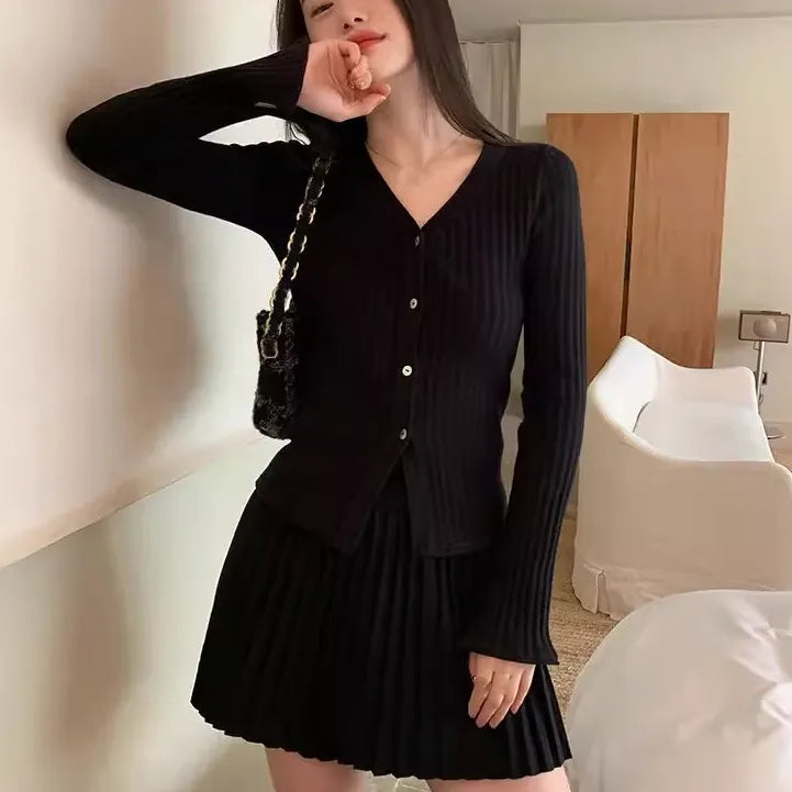 Elegant Two-piece Solid Skirt Sets Women V-neck Long Sleeves Knitted Cardigan + Mini Pleated Skirt Autumn Y2K Korean Chic Suit black One Size