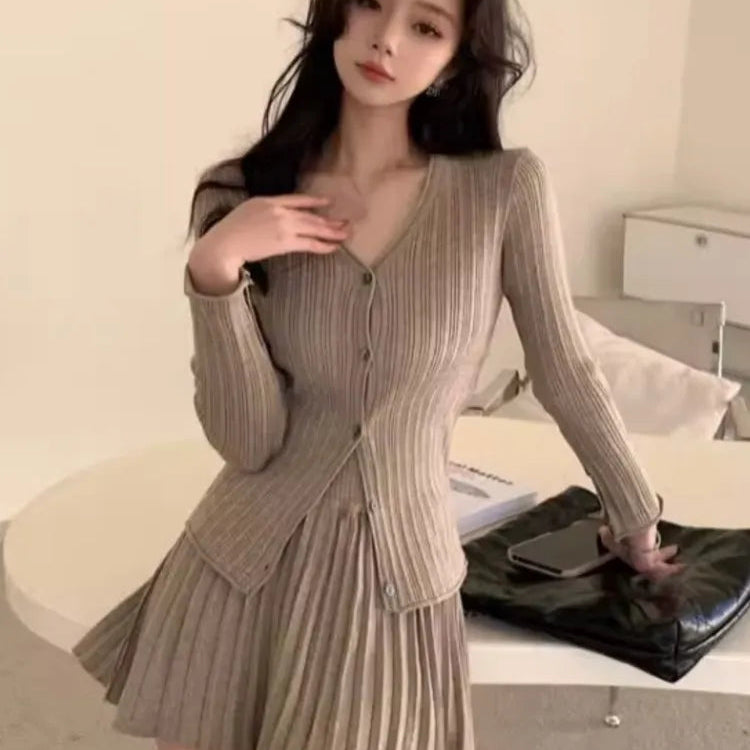 Elegant Two-piece Solid Skirt Sets Women V-neck Long Sleeves Knitted Cardigan + Mini Pleated Skirt Autumn Y2K Korean Chic Suit khaki One Size