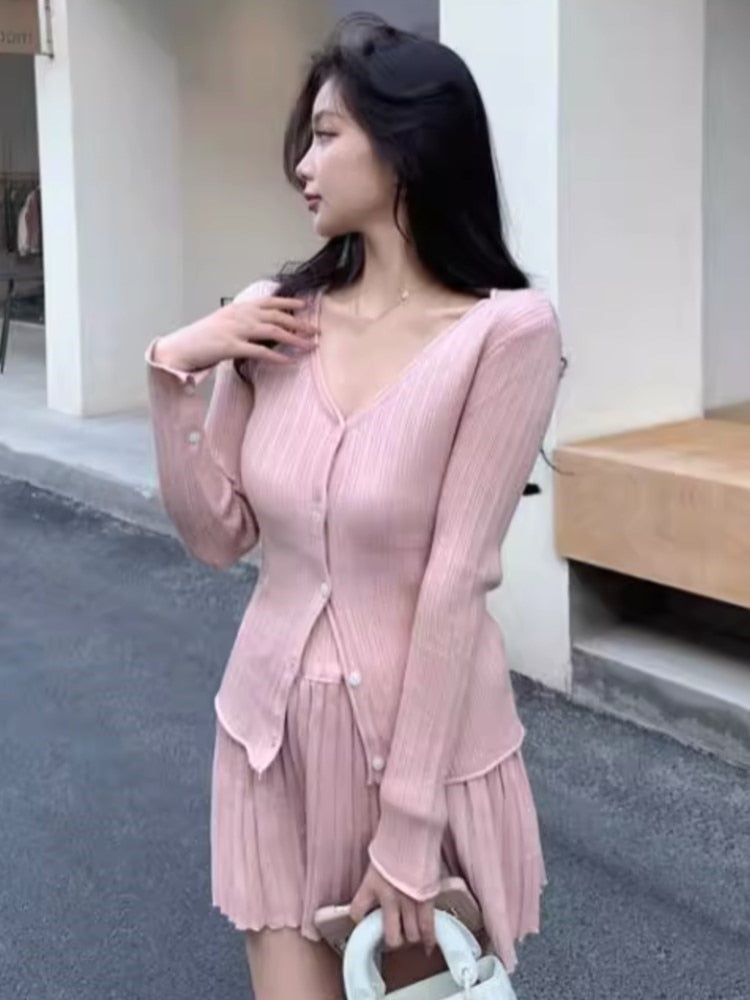 Elegant Two-piece Solid Skirt Sets Women V-neck Long Sleeves Knitted Cardigan + Mini Pleated Skirt Autumn Y2K Korean Chic Suit