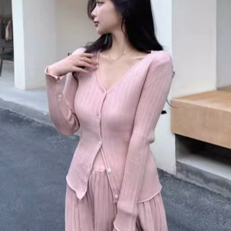 Elegant Two-piece Solid Skirt Sets Women V-neck Long Sleeves Knitted Cardigan + Mini Pleated Skirt Autumn Y2K Korean Chic Suit pink One Size
