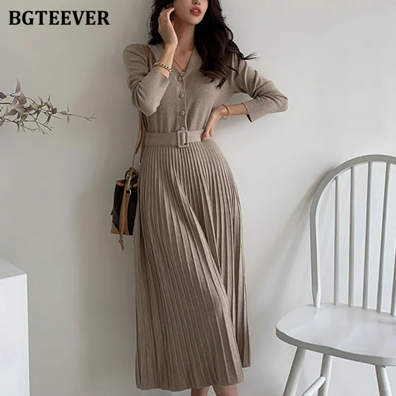 Elegant V-neck Single-breasted Women Thicken Sweater Dress 2021 Autumn Winter Knitted Belted Female A-line soft dresses AMAIO