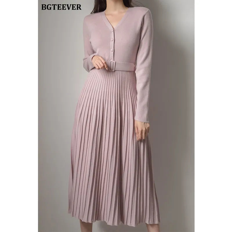 Elegant V-neck Single-breasted Women Thicken Sweater Dress 2021 Autumn Winter Knitted Belted Female A-line soft dresses pink One Size