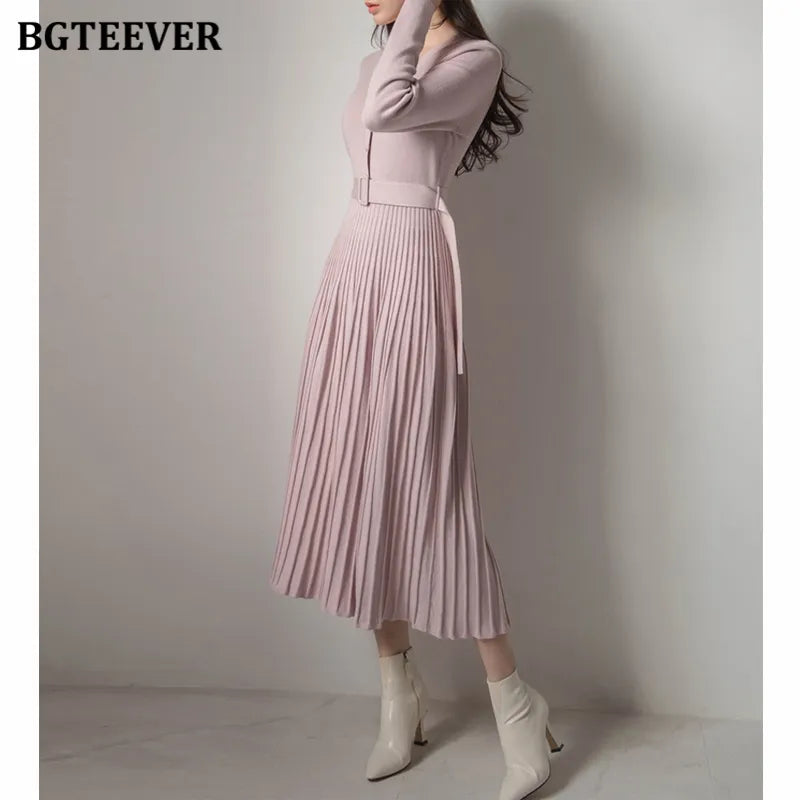 Elegant V-neck Single-breasted Women Thicken Sweater Dress 2021 Autumn Winter Knitted Belted Female A-line soft dresses