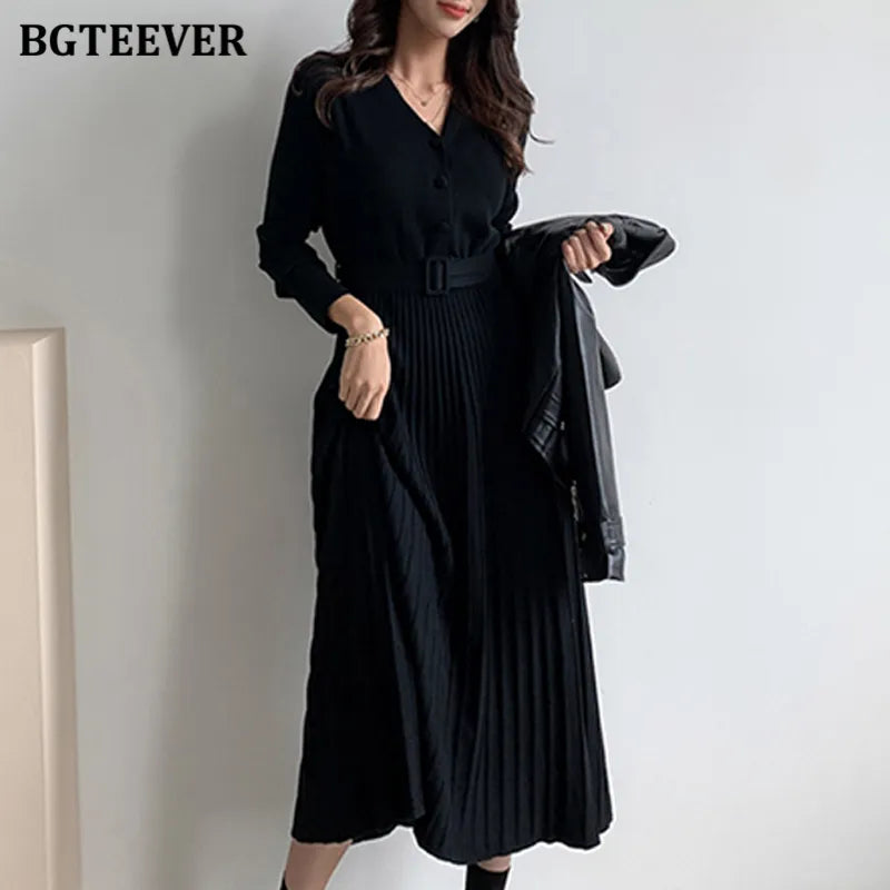 Elegant V-neck Single-breasted Women Thicken Sweater Dress 2021 Autumn Winter Knitted Belted Female A-line soft dresses