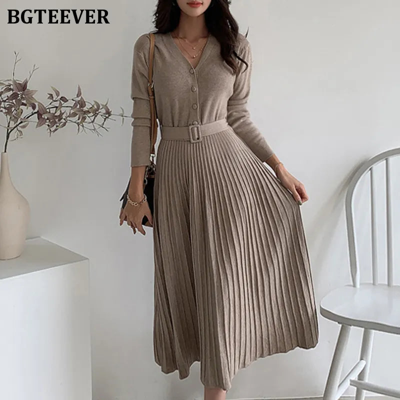 Elegant V-neck Single-breasted Women Thicken Sweater Dress 2021 Autumn Winter Knitted Belted Female A-line soft dresses oatmeal One Size
