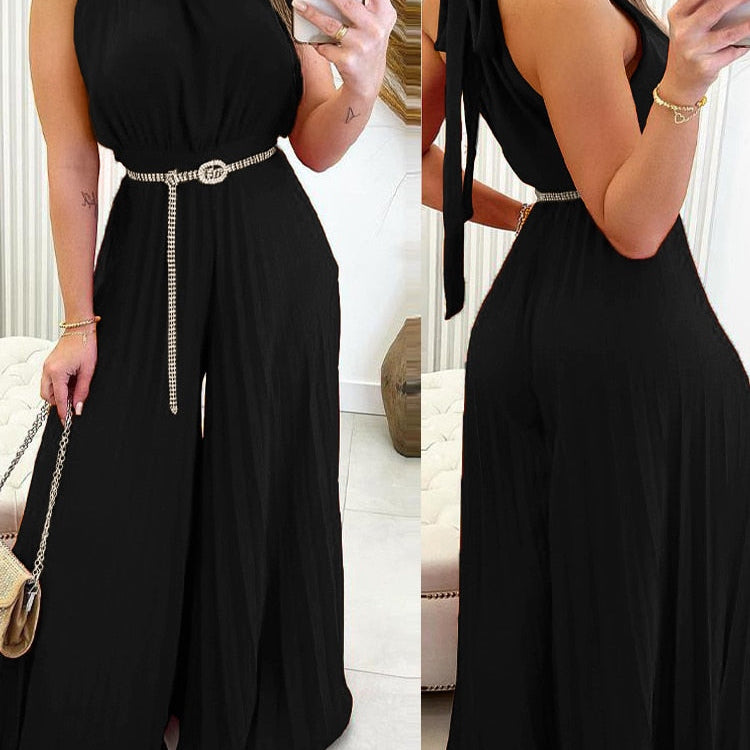 Elegant Women Fashion Red Green Sleeveless Jumpsuit Summer Sexy Halter Tied Detail Plain Pleated Wide Leg Casual Long Jumpsuit Black