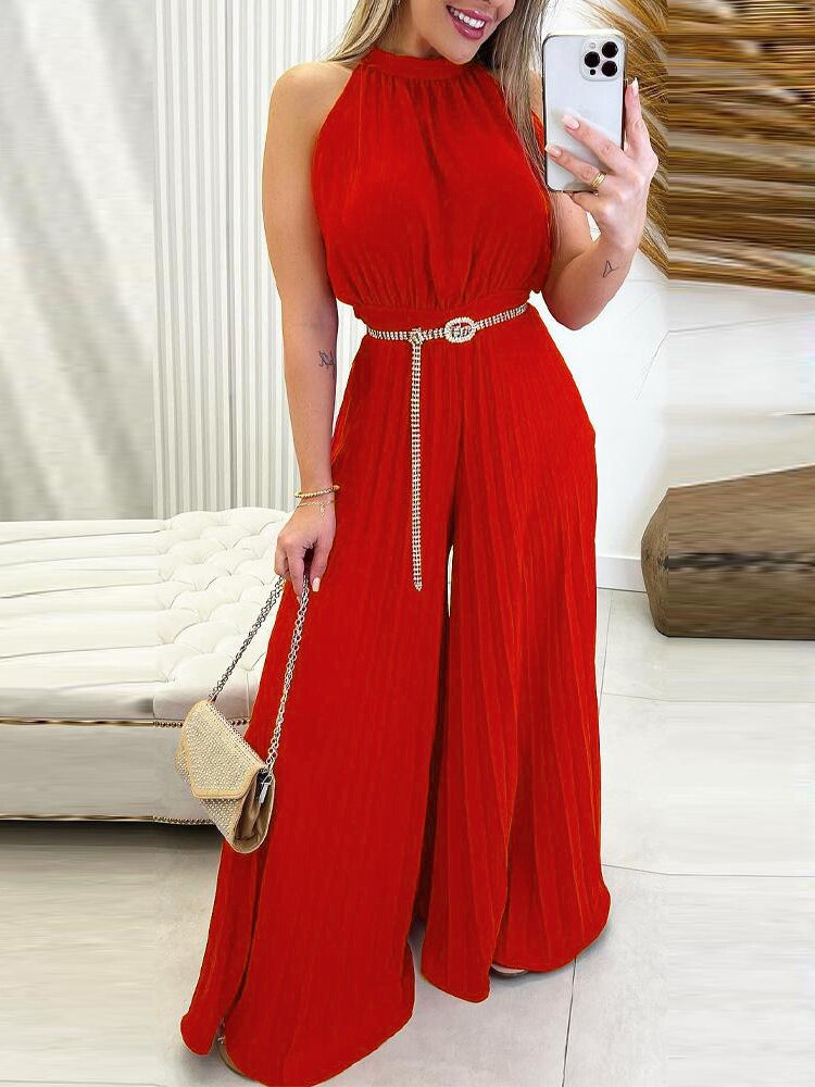 Elegant Women Fashion Red Green Sleeveless Jumpsuit Summer Sexy Halter Tied Detail Plain Pleated Wide Leg Casual Long Jumpsuit Red