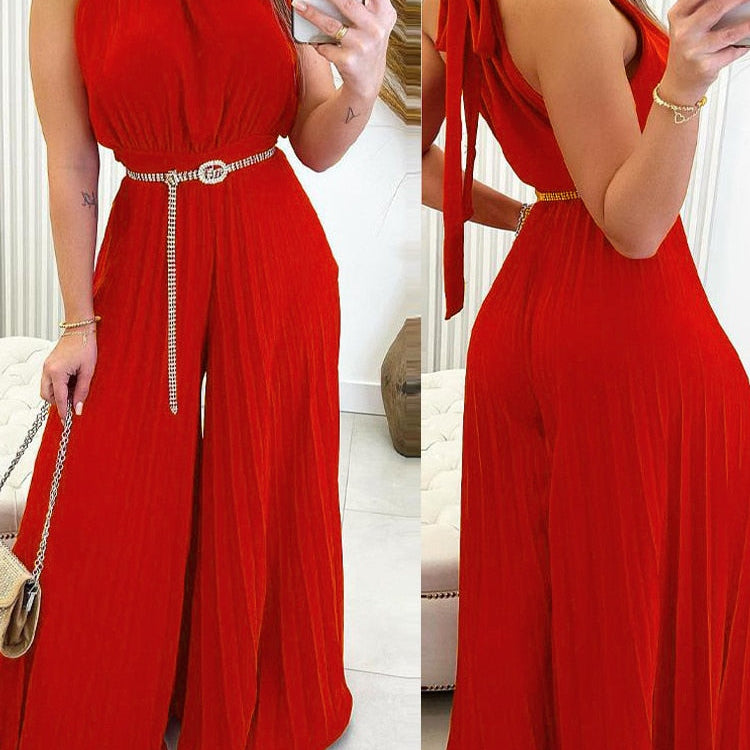 Elegant Women Fashion Red Green Sleeveless Jumpsuit Summer Sexy Halter Tied Detail Plain Pleated Wide Leg Casual Long Jumpsuit AMAIO
