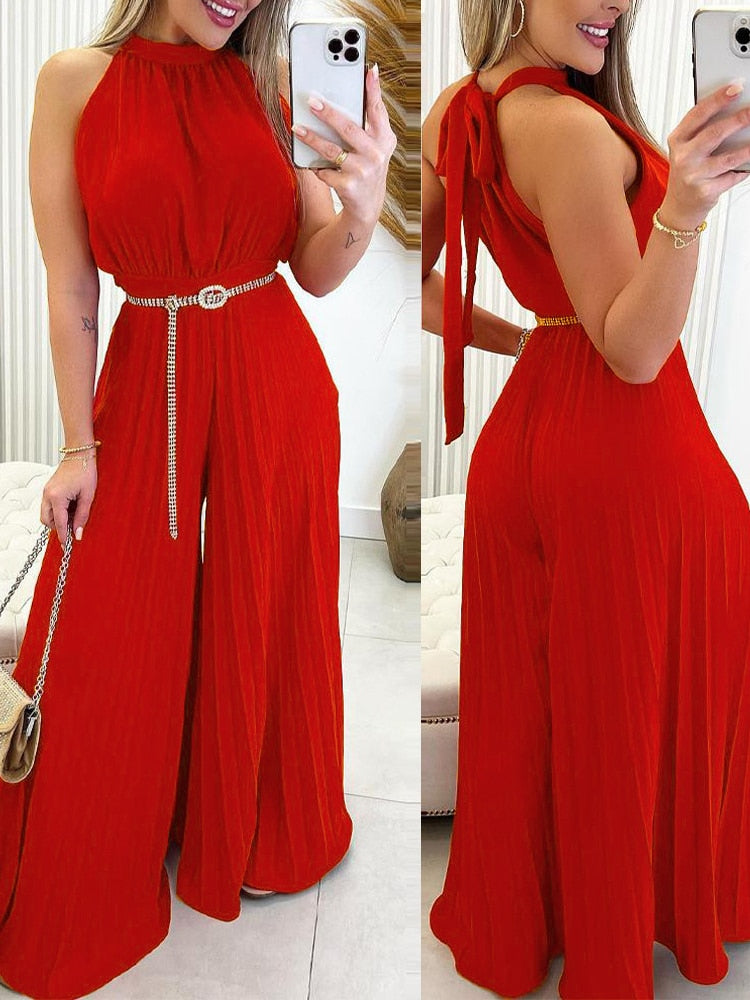 Elegant Women Fashion Red Green Sleeveless Jumpsuit Summer Sexy Halter Tied Detail Plain Pleated Wide Leg Casual Long Jumpsuit AMAIO