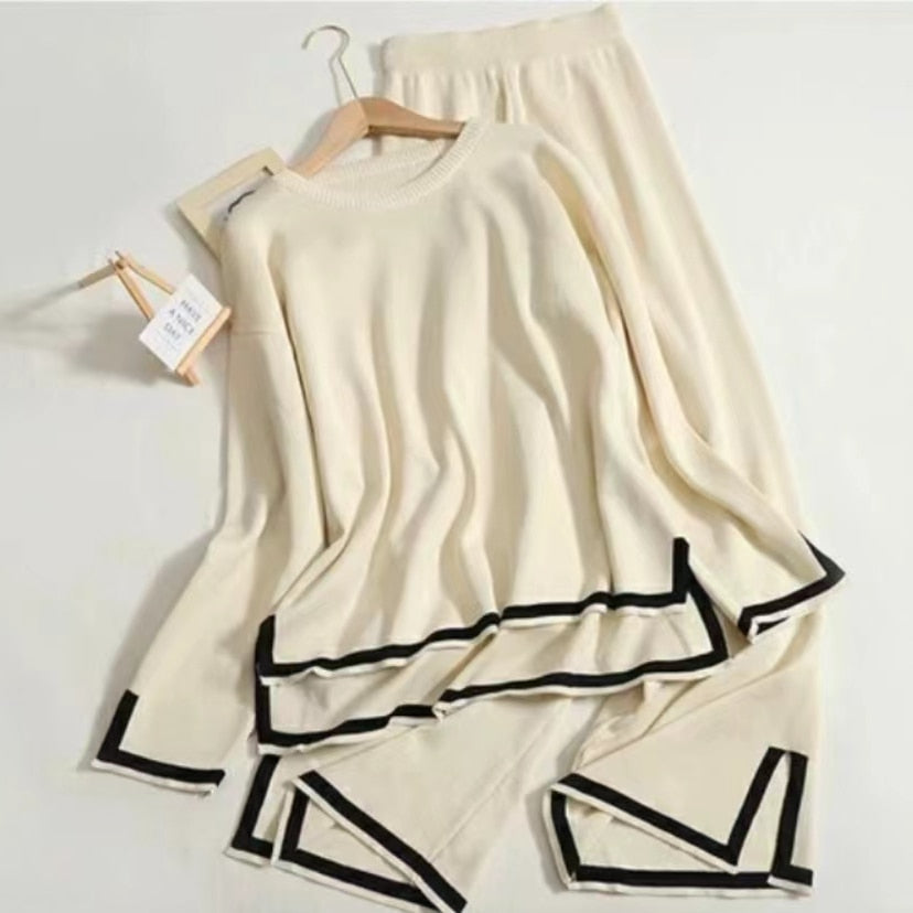 Elegant Women Long Sleeve Tops Knitted 2 Piece Suits Casual Woman Knitting Sweater and Split Long Wide Leg Pant Two Pcs Sets Apricot One Size(45-75kg)
