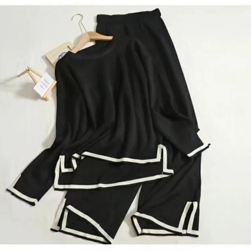 Elegant Women Long Sleeve Tops Knitted 2 Piece Suits Casual Woman Knitting Sweater and Split Long Wide Leg Pant Two Pcs Sets Black One Size(45-75kg)