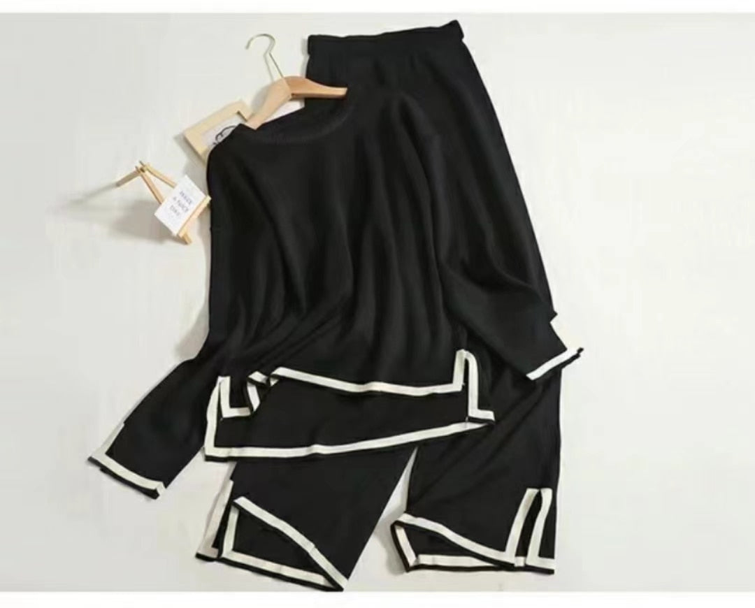 Elegant Women Long Sleeve Tops Knitted 2 Piece Suits Casual Woman Knitting Sweater and Split Long Wide Leg Pant Two Pcs Sets Black One Size(45-75kg)